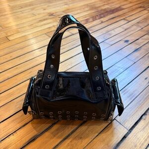 Glossy Black Mini Bag with Eyelet Details